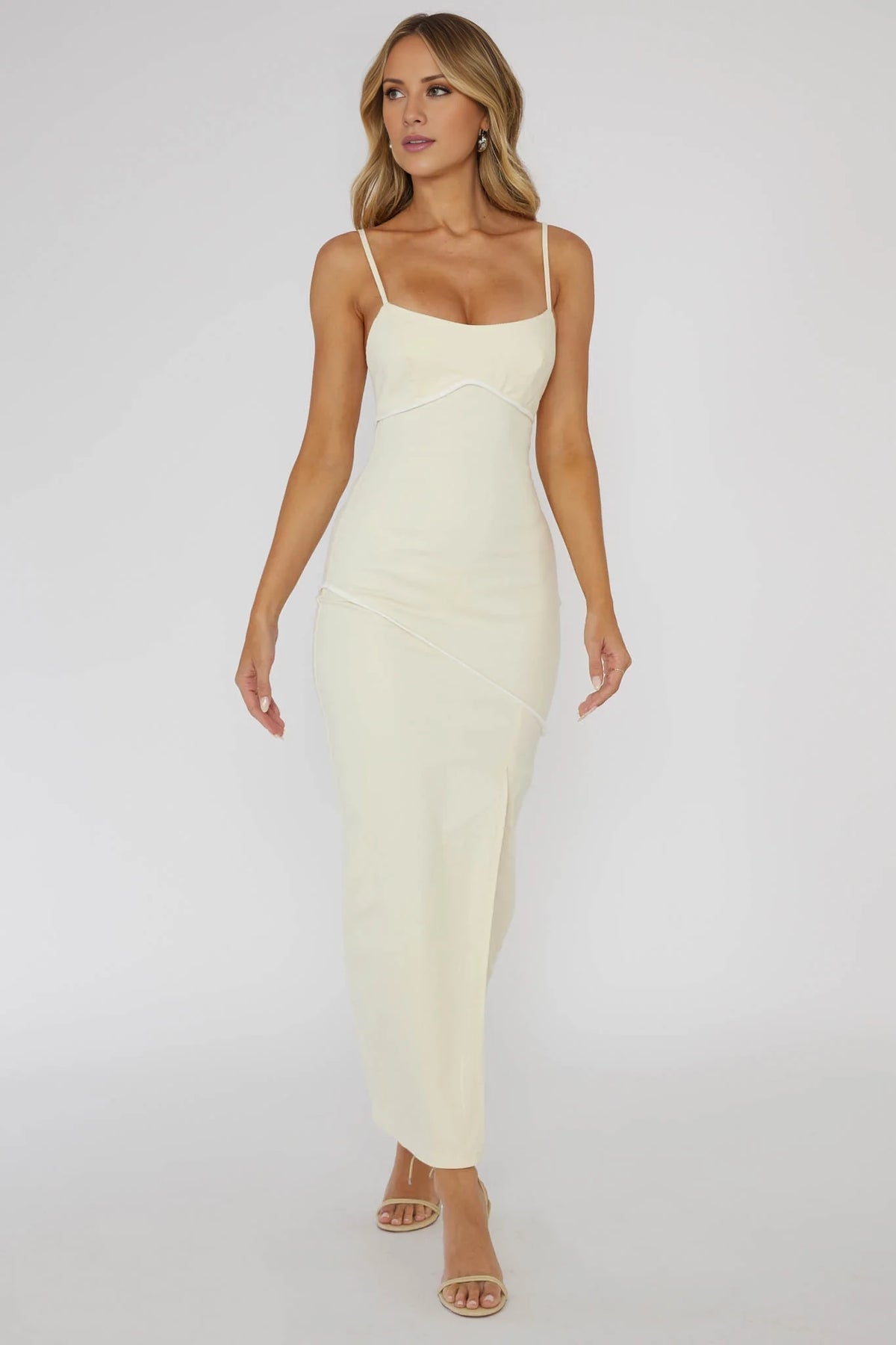 Ivory Stretch Knit Sheath/column Midi Dress with Sweetheart Neckline & High Slit