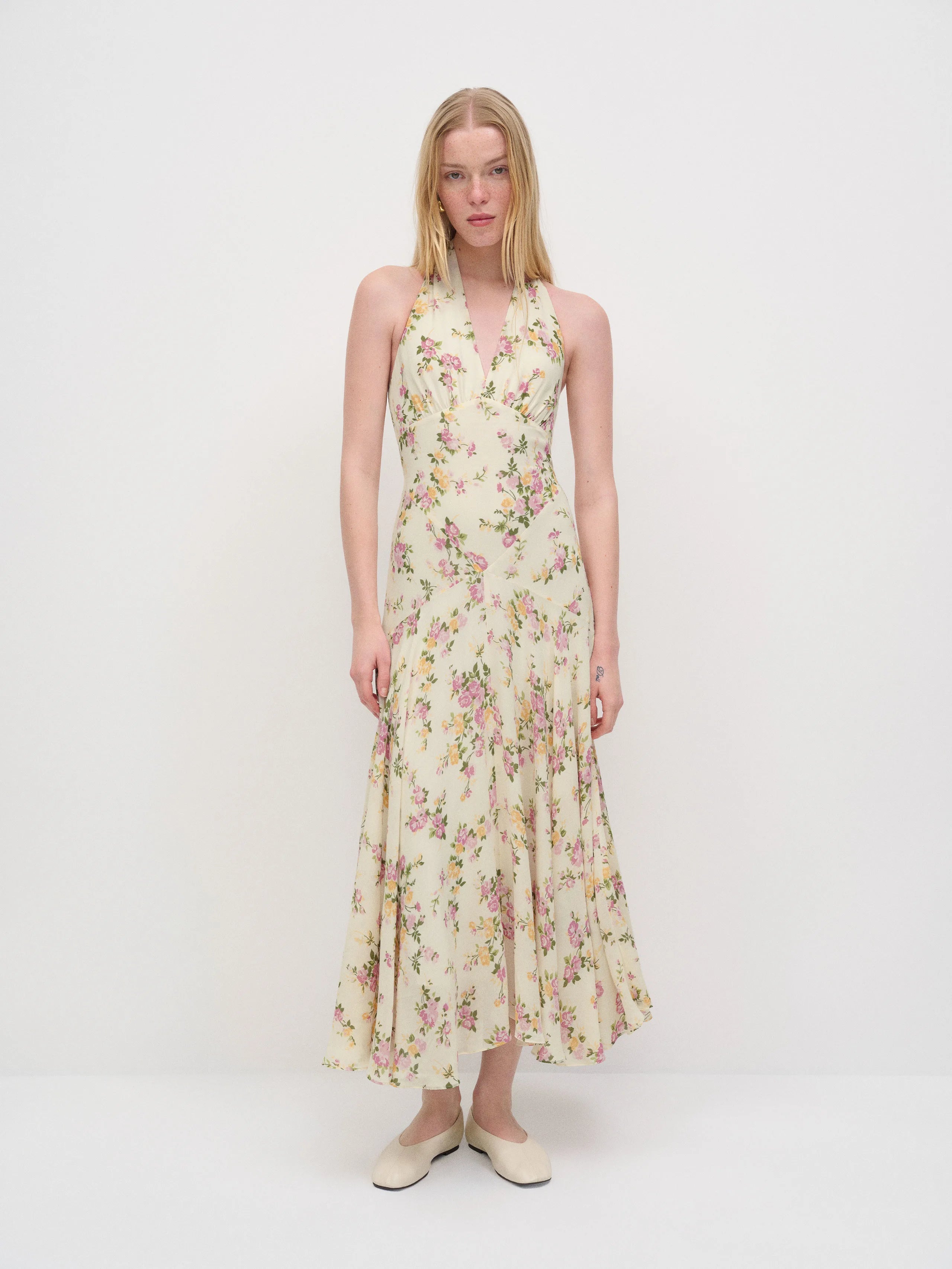 Elegant Cream Floral Print Chiffon Halter Neck V-Neck Sleeveless Midi Prom Dresses