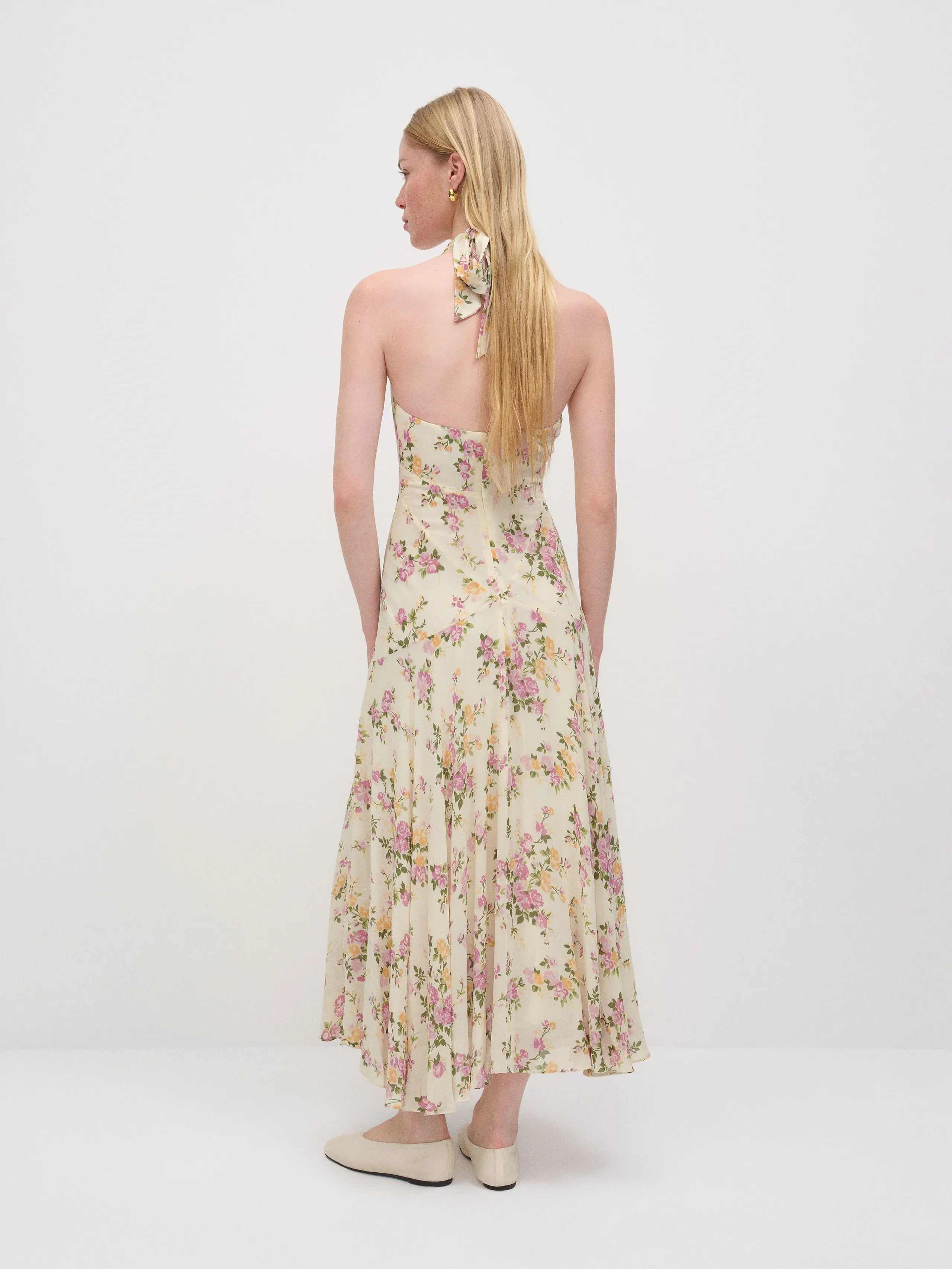 Elegant Cream Floral Print Chiffon Halter Neck V-Neck Sleeveless Midi Prom Dresses