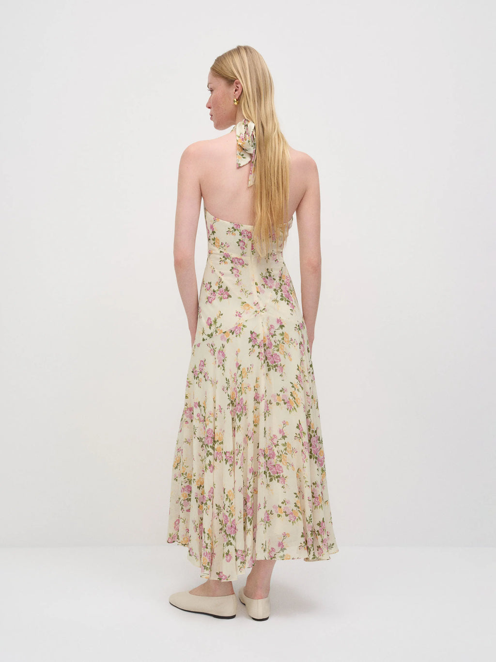 A-Line Halter V-Neck Backless Tea-Length Chiffon Dress in Butter