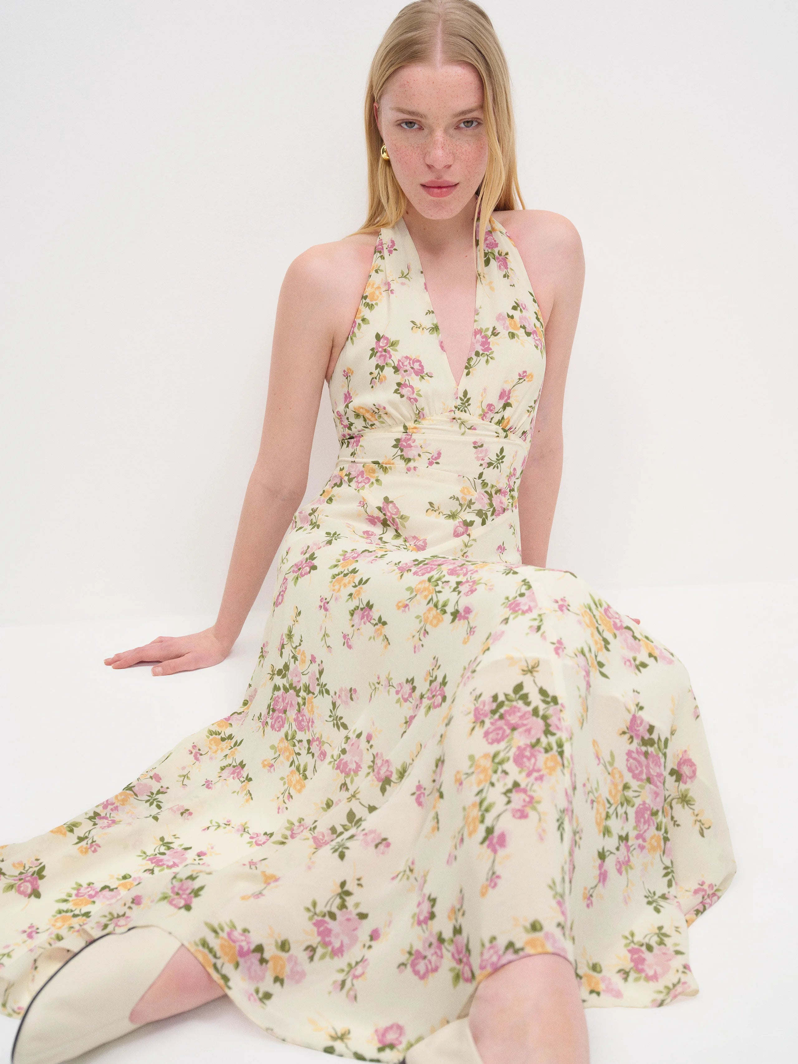 Elegant Cream Floral Print Chiffon Halter Neck V-Neck Sleeveless Midi Prom Dresses