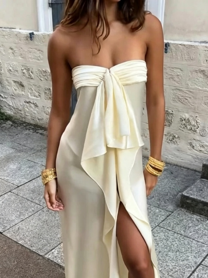 Elegant Cream Satin Strapless Front Bow High Slit Floor-Length Evening Dresses