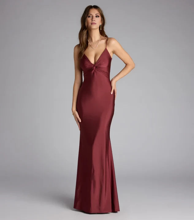 Elegant  Deep V-Neck Spaghetti Strap Sleeveless Criss-Cross Back Mermaid Satin Floor-Length Evening Dress