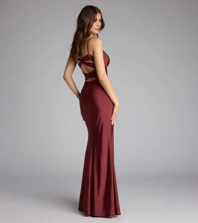 Elegant  Deep V-Neck Spaghetti Strap Sleeveless Criss-Cross Back Mermaid Satin Floor-Length Evening Dress