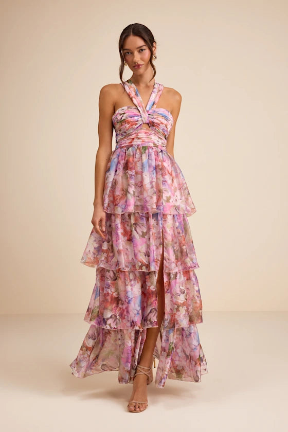 Elegant Dreamy Pink Floral Print A-Line Silhouette Halter Neck Sleeveless Twist Knot Cutout Tiered Ruffled High Slit High Low Chiffon Maxi Prom Dress