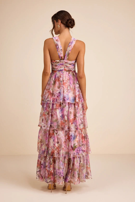 Elegant Dreamy Pink Floral Print A-Line Silhouette Halter Neck Sleeveless Twist Knot Cutout Tiered Ruffled High Slit High Low Chiffon Maxi Prom Dress