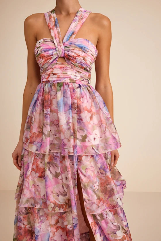 Elegant Dreamy Pink Floral Print A-Line Silhouette Halter Neck Sleeveless Twist Knot Cutout Tiered Ruffled High Slit High Low Chiffon Maxi Prom Dress