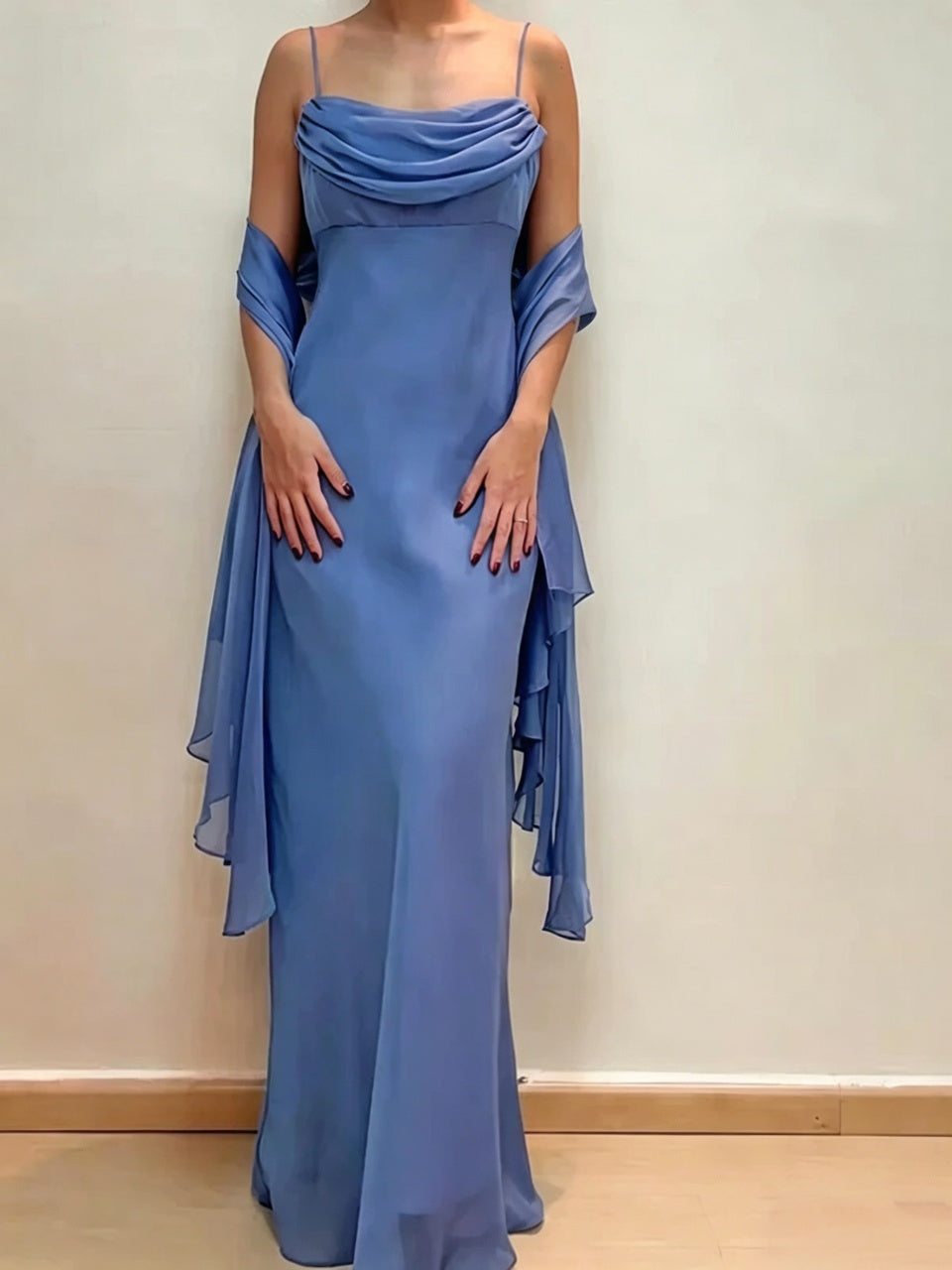 Elegant Dusty Blue Chiffon Mermaid Cowl Neck Spaghetti Strap Bow Back Evening Dress