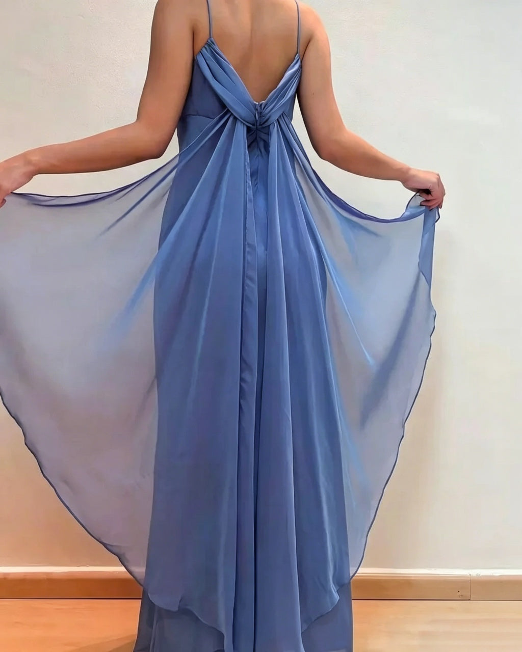Elegant Dusty Blue Chiffon Mermaid Cowl Neck Spaghetti Strap Bow Back Evening Dress