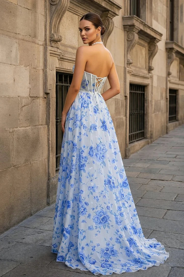 Elegant Fitted A-Line V-Neck Halter Sleeveless Lace-Up Back Floral Print Prom Dresses