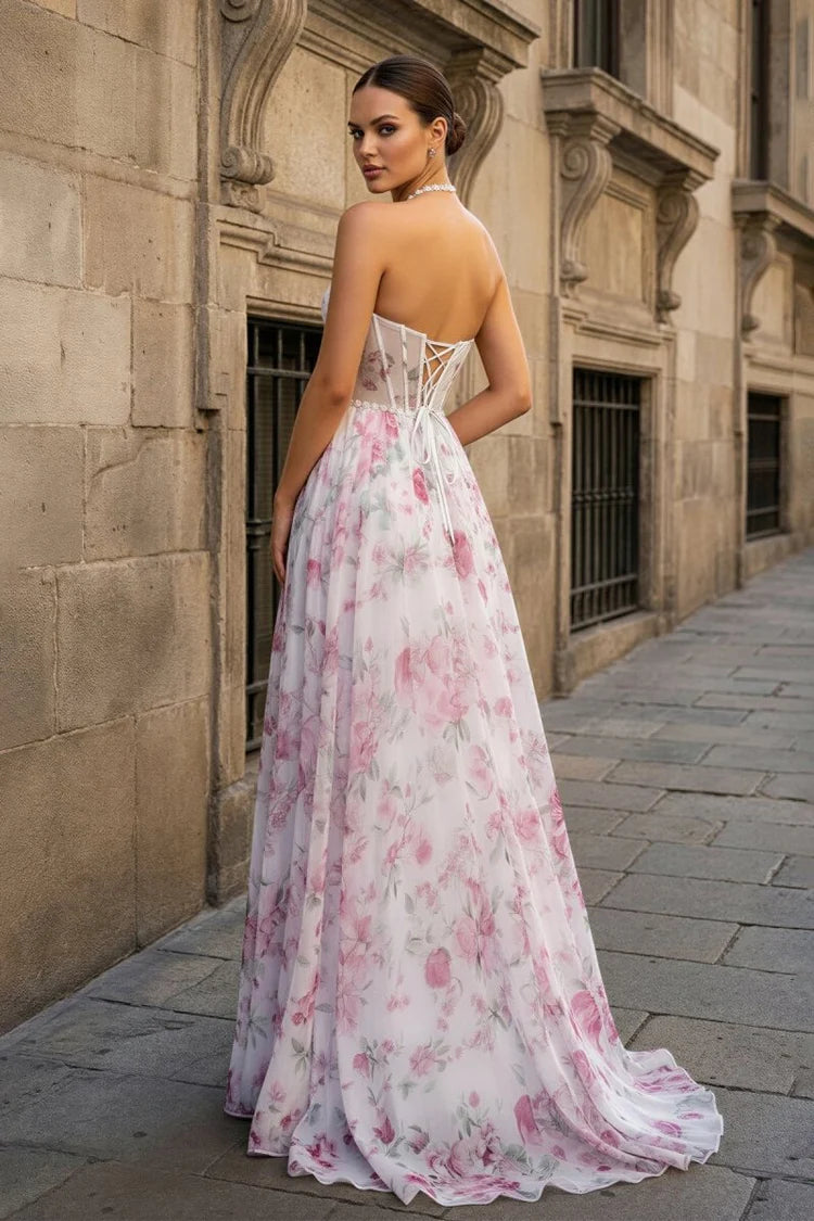 Elegant Fitted A-Line V-Neck Halter Sleeveless Lace-Up Back Floral Print Prom Dresses