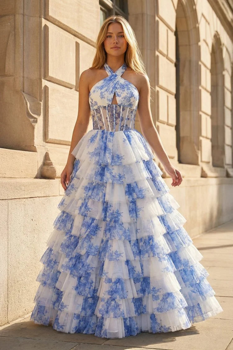 Elegant Fitted Ball Gown Halter Neck Sleeveless Lace-Up Back Tiered Ruffle Floral Print Prom Dresses