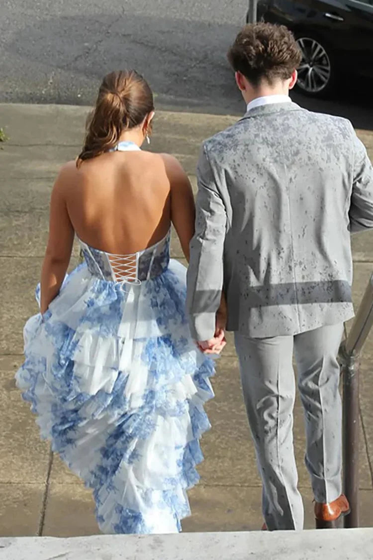 Elegant Fitted Ball Gown Halter Neck Sleeveless Lace-Up Back Tiered Ruffle Floral Print Prom Dresses