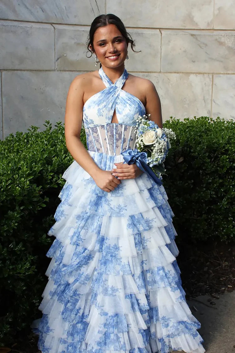 Elegant Fitted Ball Gown Halter Neck Sleeveless Lace-Up Back Tiered Ruffle Floral Print Prom Dresses