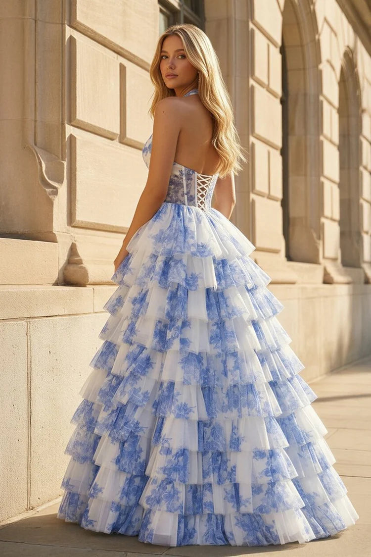 Elegant Fitted Ball Gown Halter Neck Sleeveless Lace-Up Back Tiered Ruffle Floral Print Prom Dresses