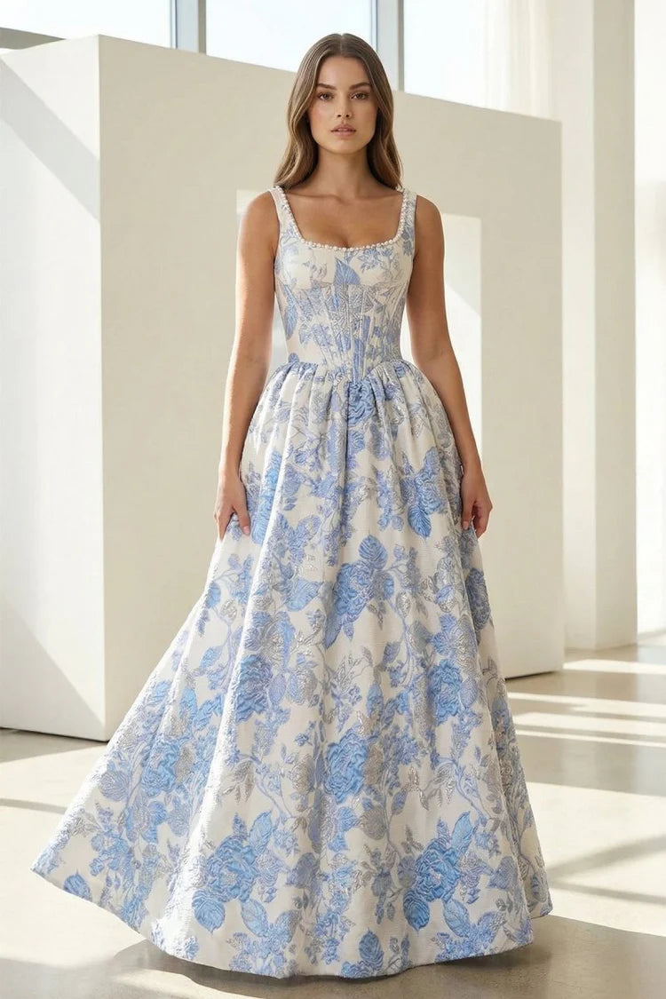 Elegant Fitted Ball Gown Square Neck Sleeveless Lace-Up Back Floral Jacquard Prom Dresses