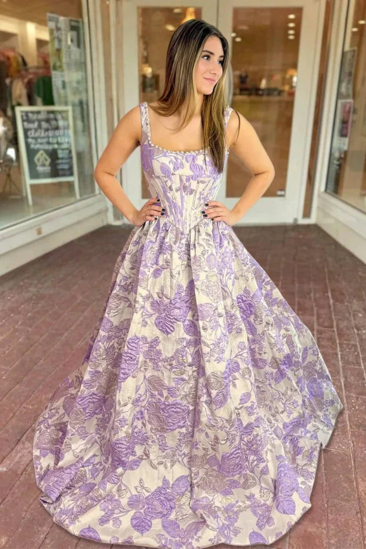 Elegant Fitted Ball Gown Square Neck Sleeveless Lace-Up Back Floral Jacquard Prom Dresses