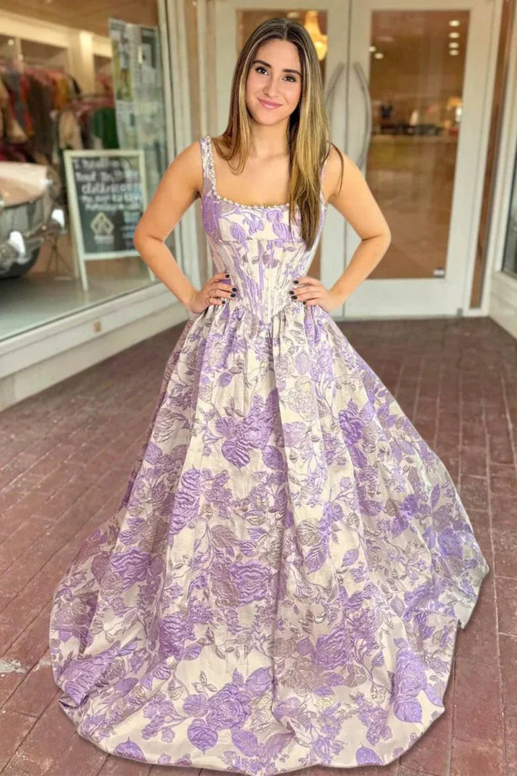 Elegant Fitted Ball Gown Square Neck Sleeveless Lace-Up Back Floral Jacquard Prom Dresses