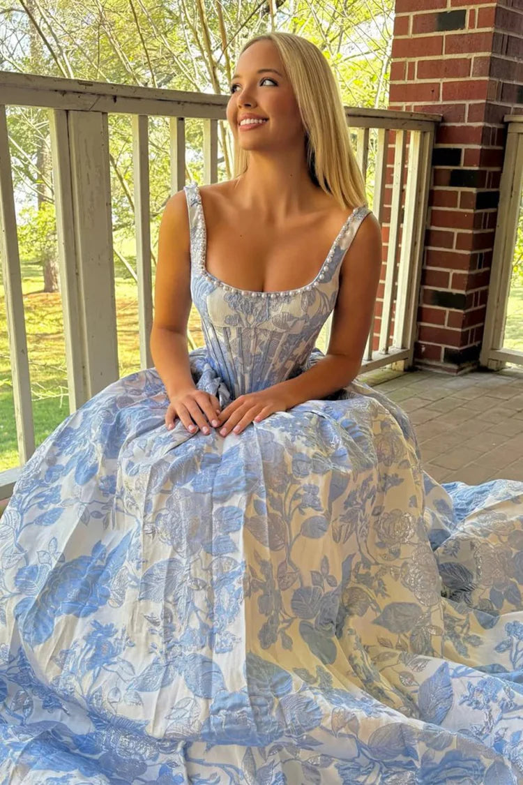 Elegant Fitted Ball Gown Square Neck Sleeveless Lace-Up Back Floral Jacquard Prom Dresses