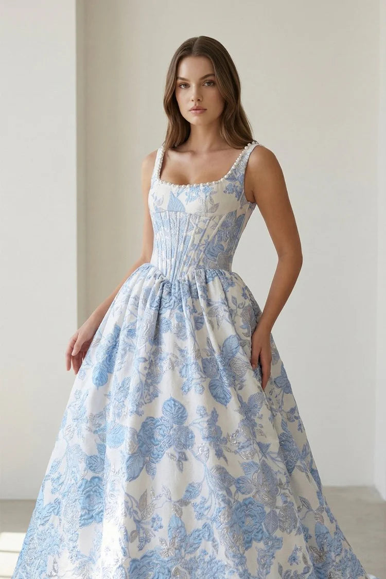 Elegant Fitted Ball Gown Square Neck Sleeveless Lace-Up Back Floral Jacquard Prom Dresses