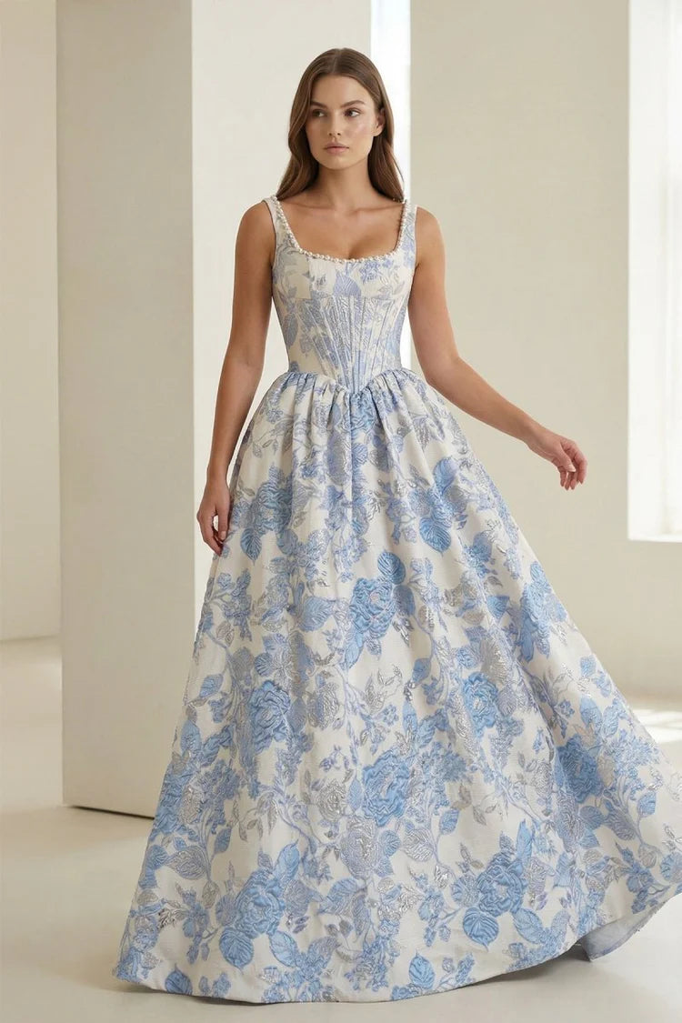 Elegant Fitted Ball Gown Square Neck Sleeveless Lace-Up Back Floral Jacquard Prom Dresses