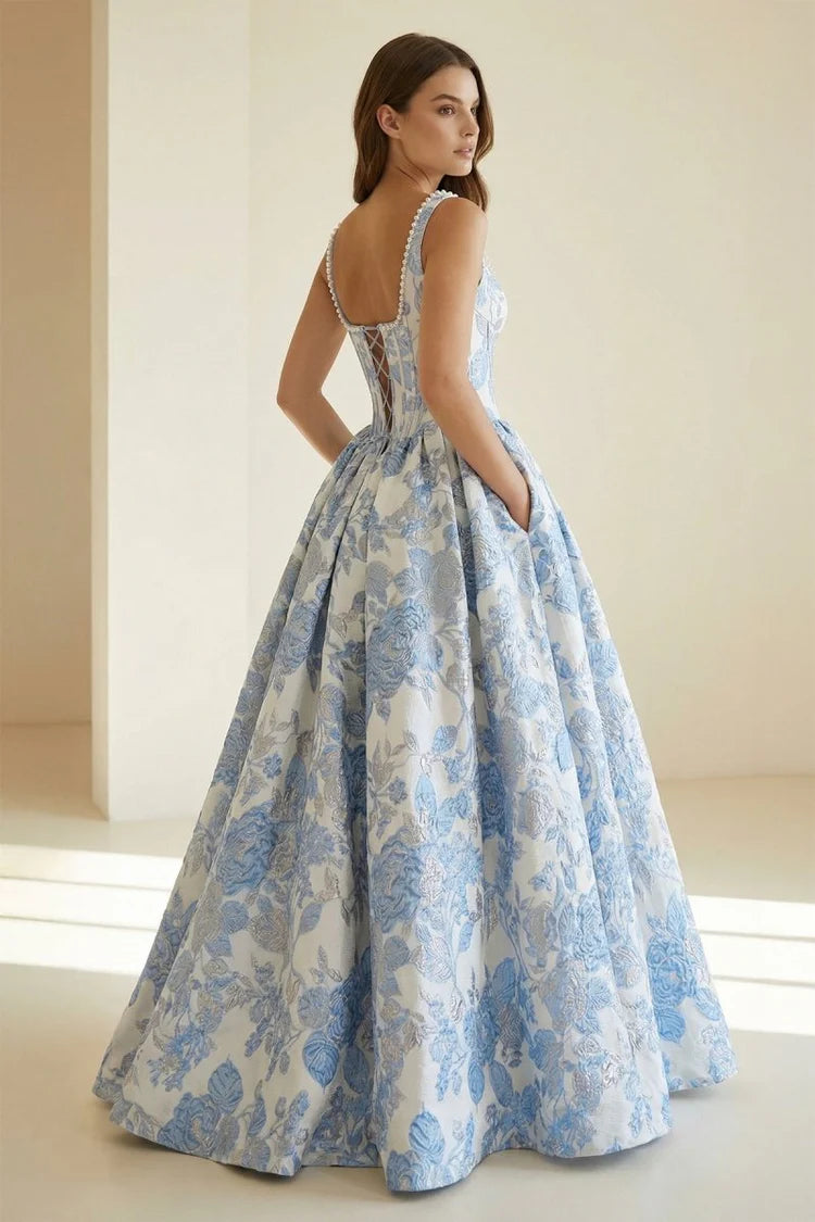 Elegant Fitted Ball Gown Square Neck Sleeveless Lace-Up Back Floral Jacquard Prom Dresses