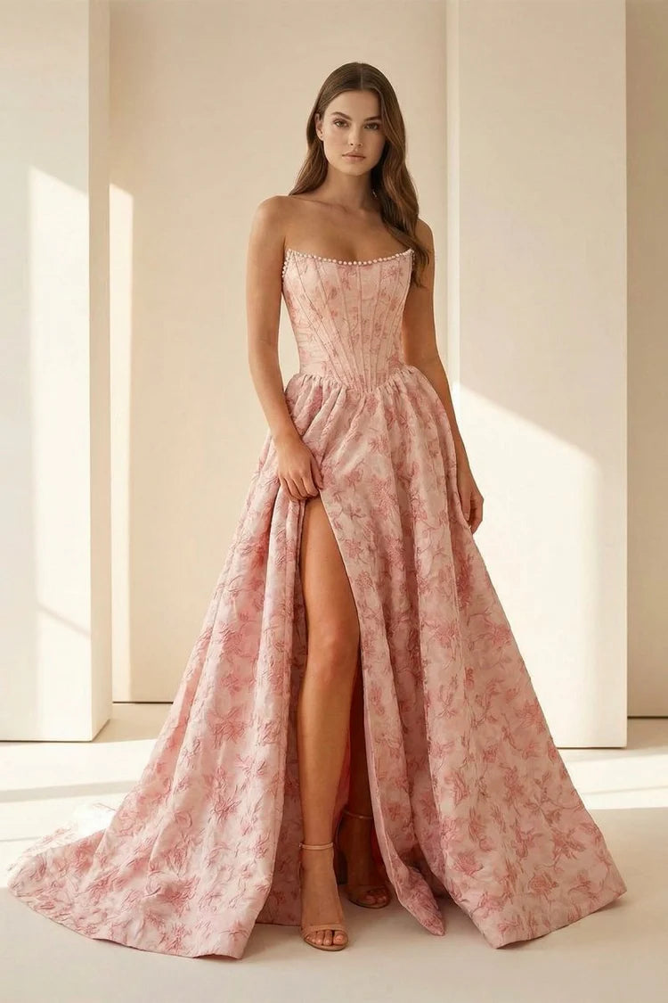 Elegant Fitted Ball Gown Strapless Square Neck Lace-Up Back Floral Print Prom Dresses