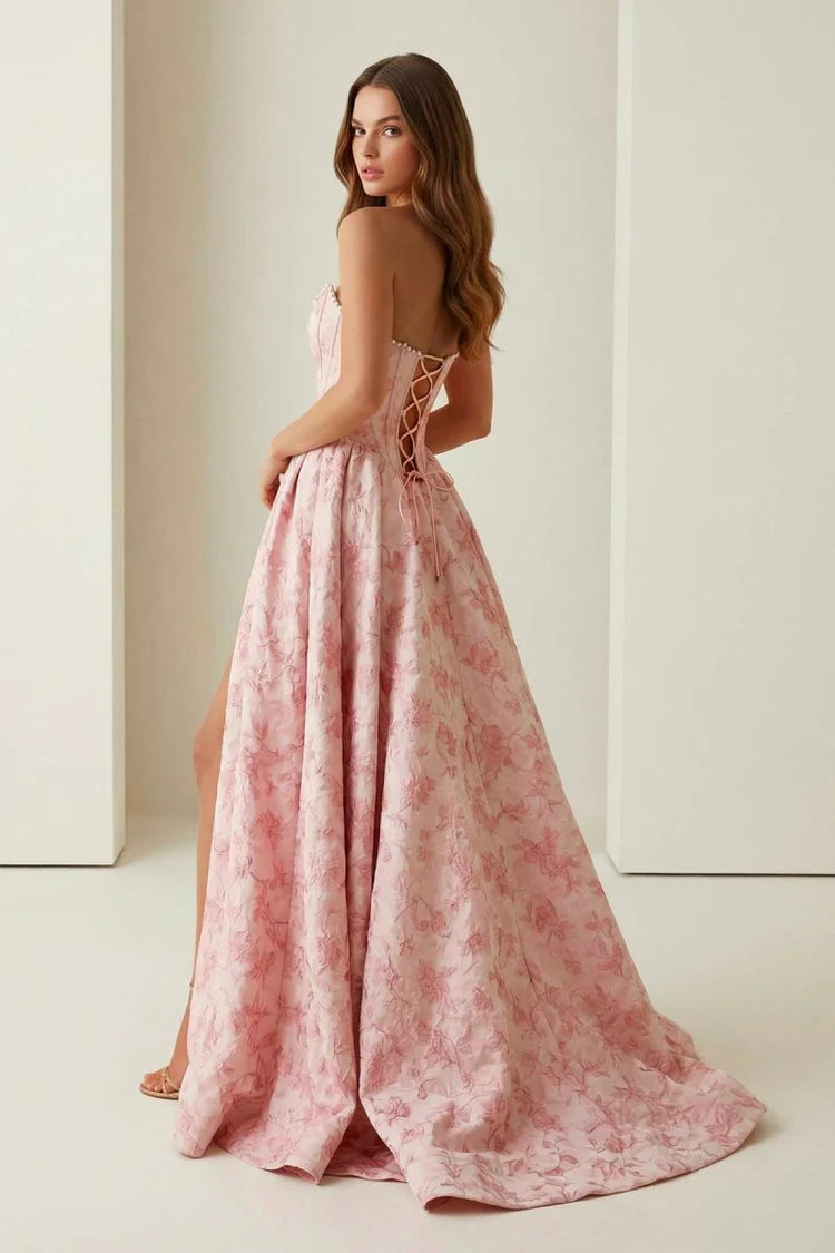 Elegant Fitted Ball Gown Strapless Square Neck Lace-Up Back Floral Print Prom Dresses