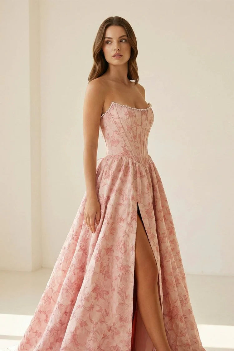Elegant Fitted Ball Gown Strapless Square Neck Lace-Up Back Floral Print Prom Dresses