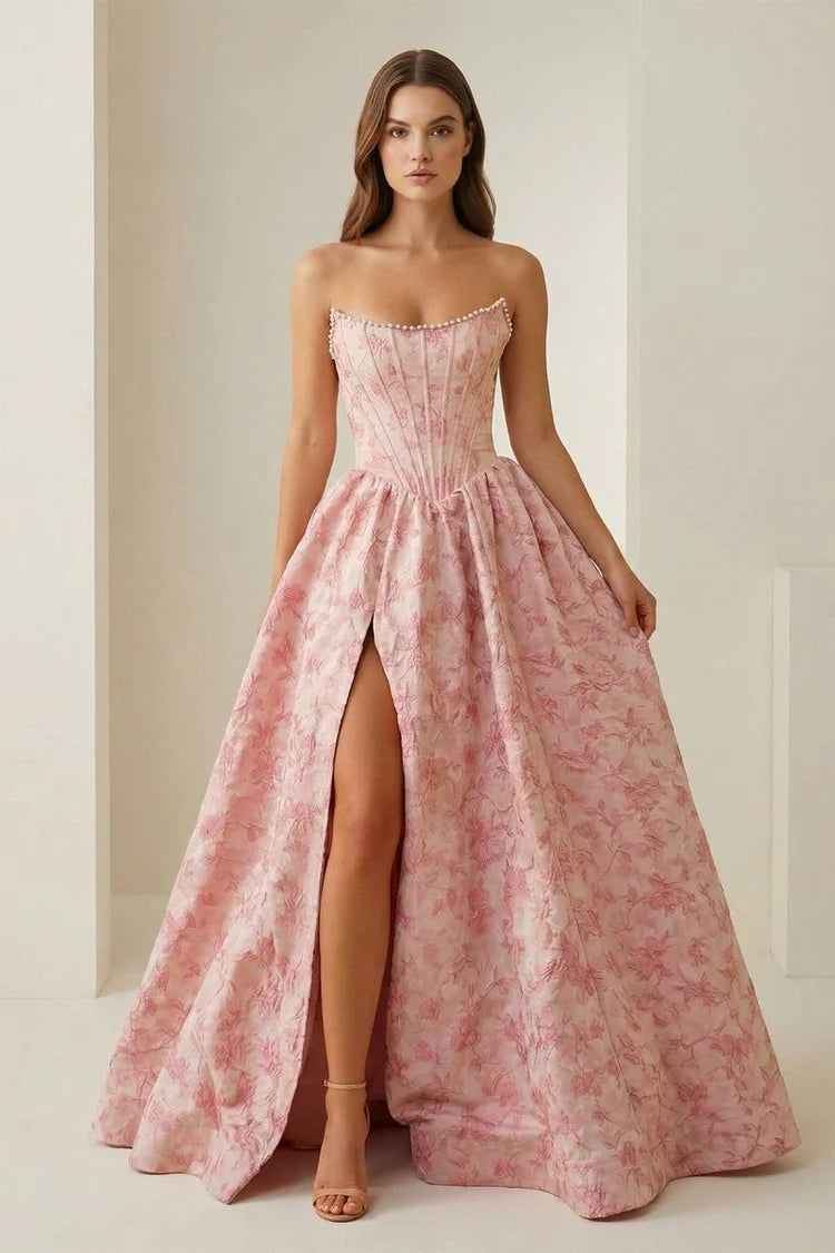Elegant Fitted Ball Gown Strapless Square Neck Lace-Up Back Floral Print Prom Dresses
