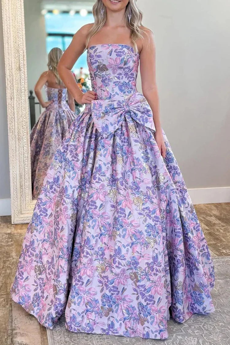 Elegant Fitted Ball Gown Sweetheart Neck Strapless Lace-Up Back Floral Print Prom Dresses