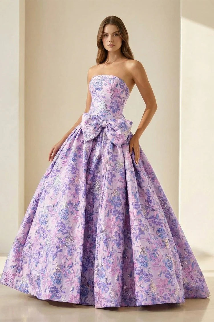Elegant Fitted Ball Gown Sweetheart Neck Strapless Lace-Up Back Floral Print Prom Dresses