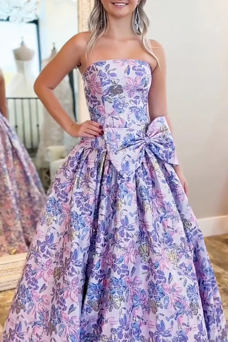 Elegant Fitted Ball Gown Sweetheart Neck Strapless Lace-Up Back Floral Print Prom Dresses