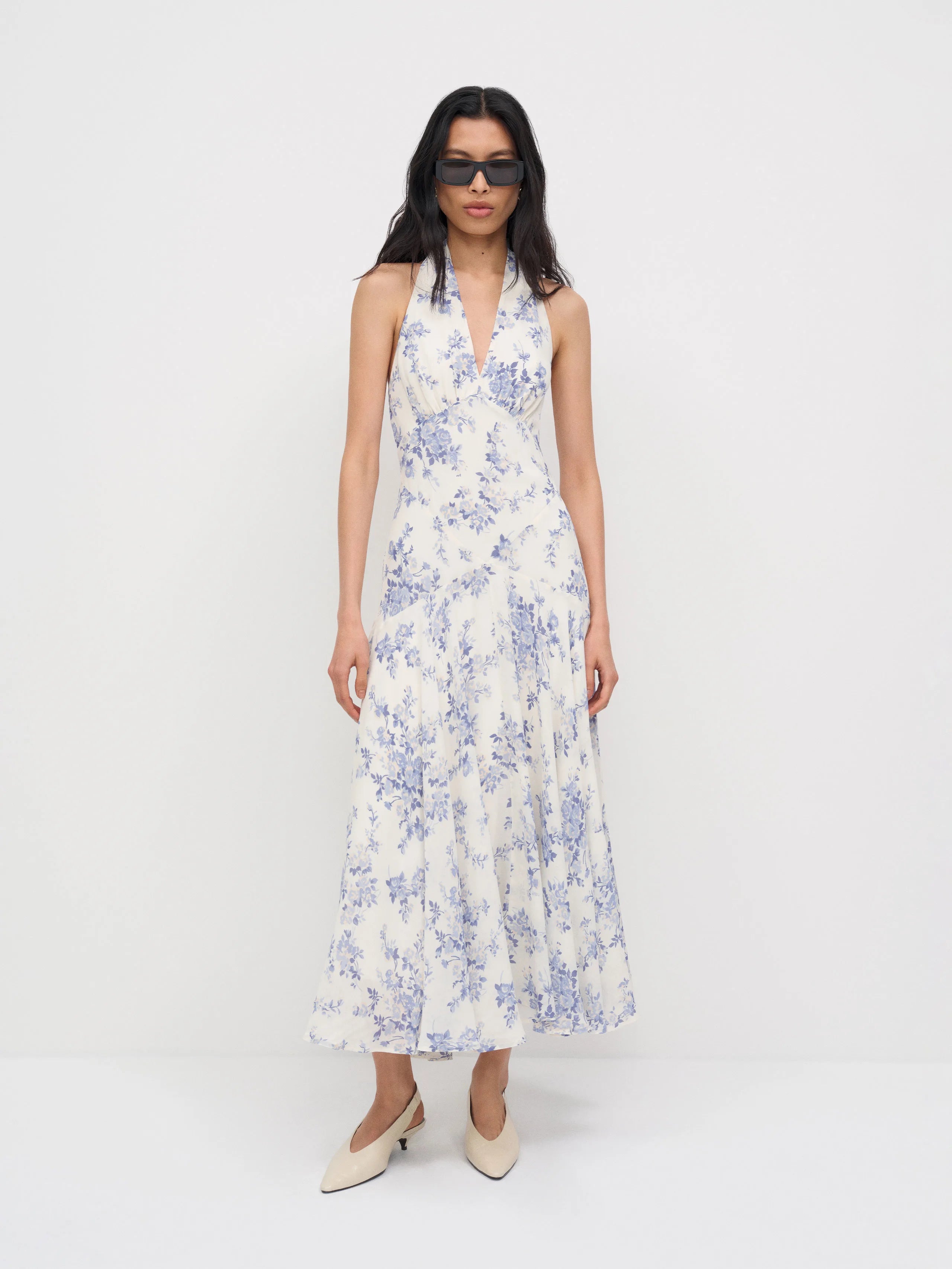 Elegant Floral Chiffon A-Line Halter Neck Sleeveless Tie-Back Midi Prom Dresses