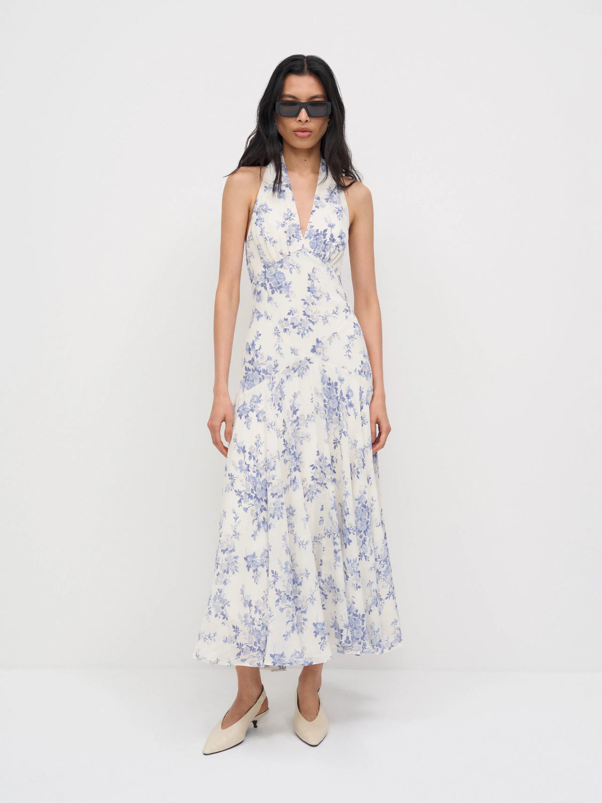 Ivory Floral Print Halter Neck A-Line Midi Dress
