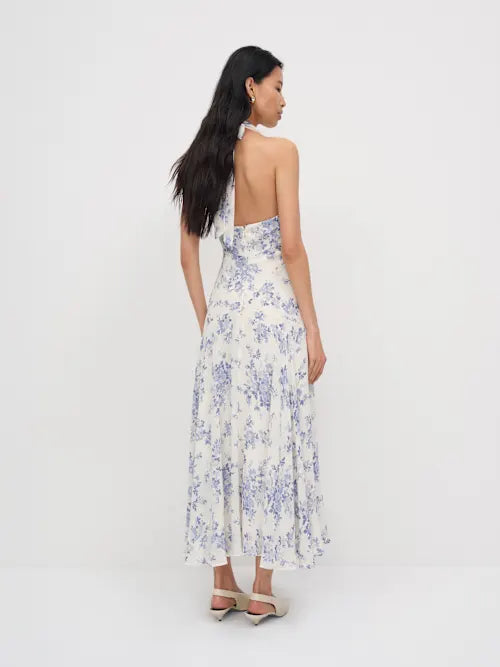 Elegant Floral Chiffon A-Line Halter Neck Sleeveless Tie-Back Midi Prom Dresses