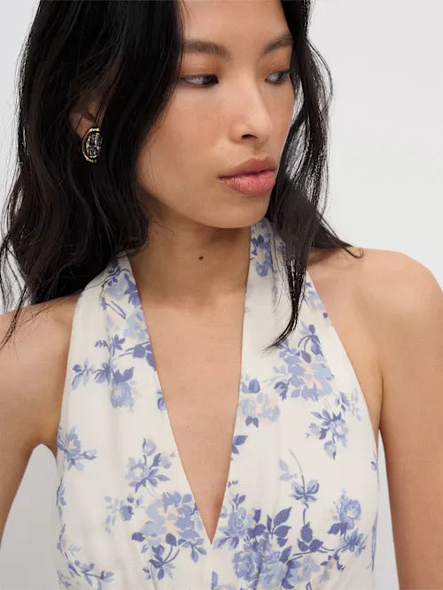 Elegant Floral Chiffon A-Line Halter Neck Sleeveless Tie-Back Midi Prom Dresses