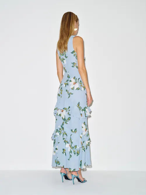 Elegant Floral Chiffon Mermaid Round Neck Sleeveless Back Zip Tiered Ruffle Maxi Prom Dresses