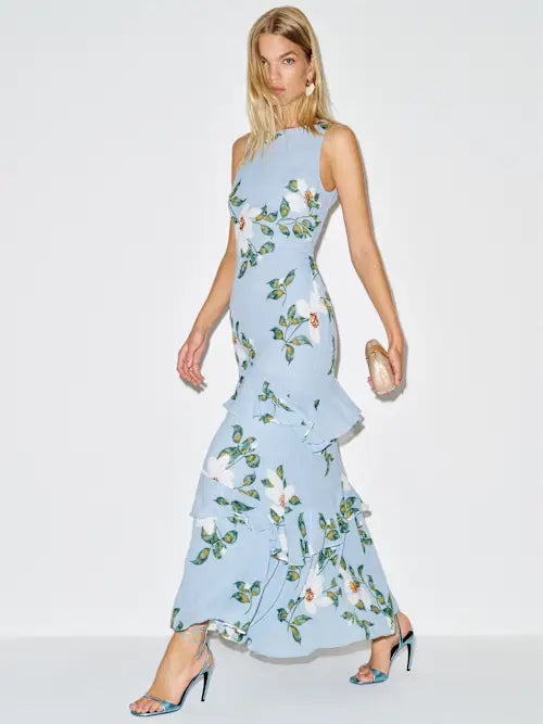 Elegant Floral Chiffon Mermaid Round Neck Sleeveless Back Zip Tiered Ruffle Maxi Prom Dresses