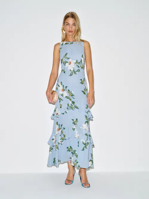 Elegant Floral Chiffon Mermaid Round Neck Sleeveless Back Zip Tiered Ruffle Maxi Prom Dresses