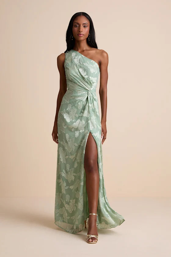 Elegant Floral Jacquard Chiffon Maxi One-Shoulder Sleeveless Twist Waist Prom Dresses