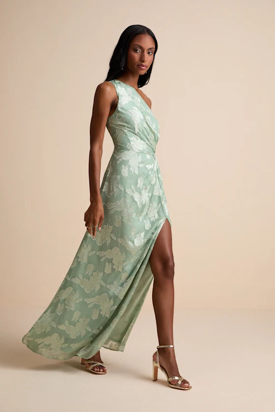 Elegant Floral Jacquard Chiffon Maxi One-Shoulder Sleeveless Twist Waist Prom Dresses