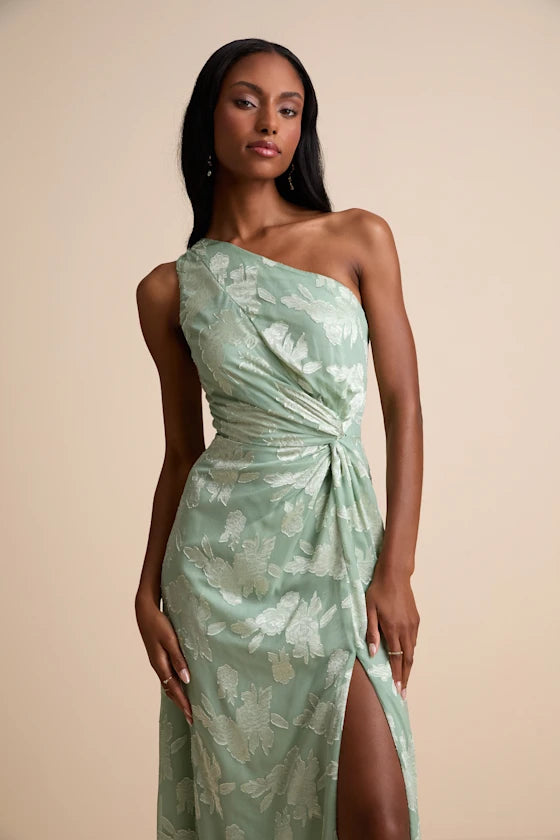 Sage Green Chiffon One Shoulder Floor-Length Bridesmaid Dress