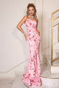 Sky Blue Satin Mermaid Floor-Length Evening Dress with Sweetheart Neckline and Floral Print