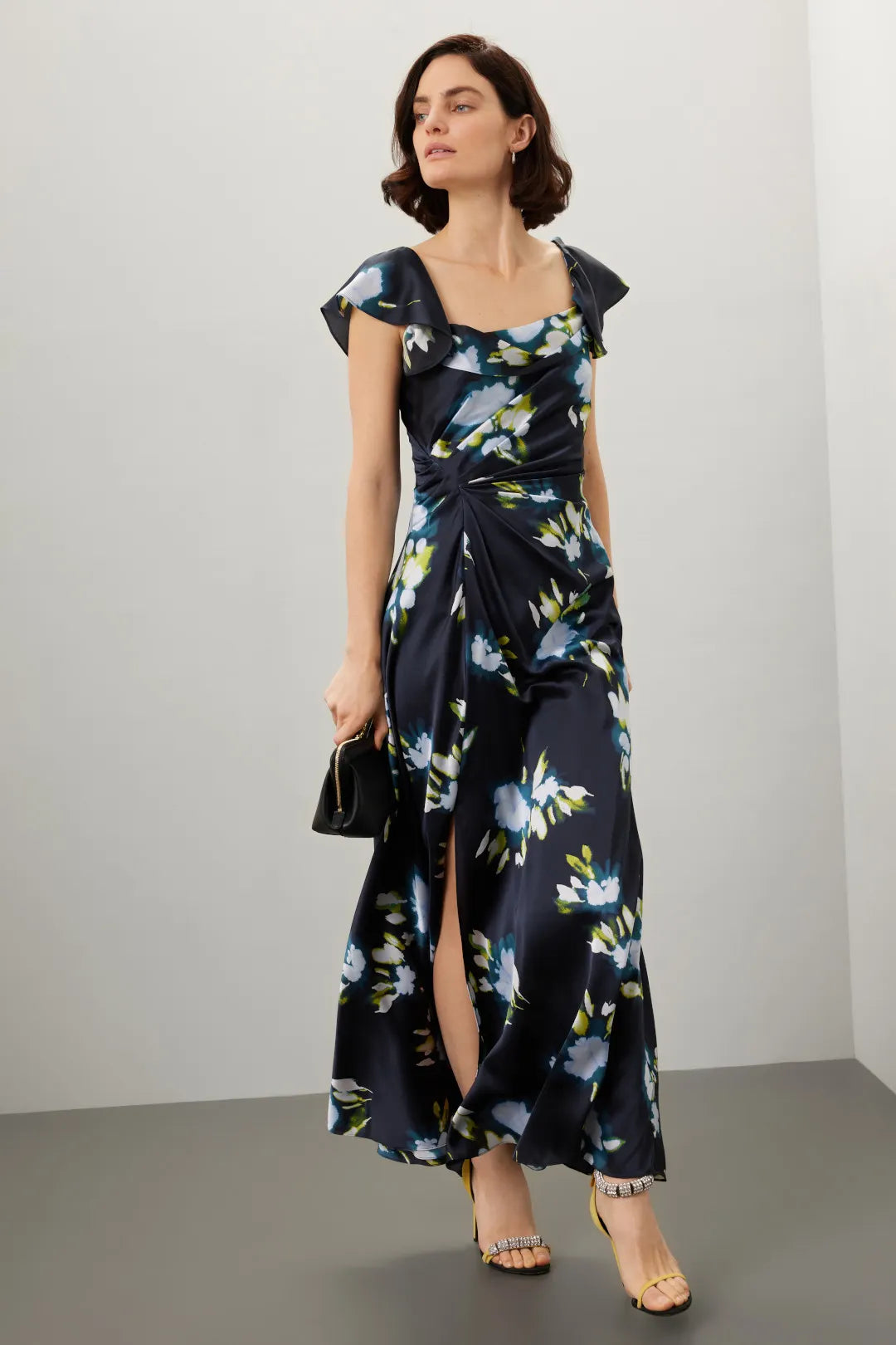 Elegant Floral Print ALine Cowl Neck Ruffle Sleeve Low Back Maxi Prom Dress
