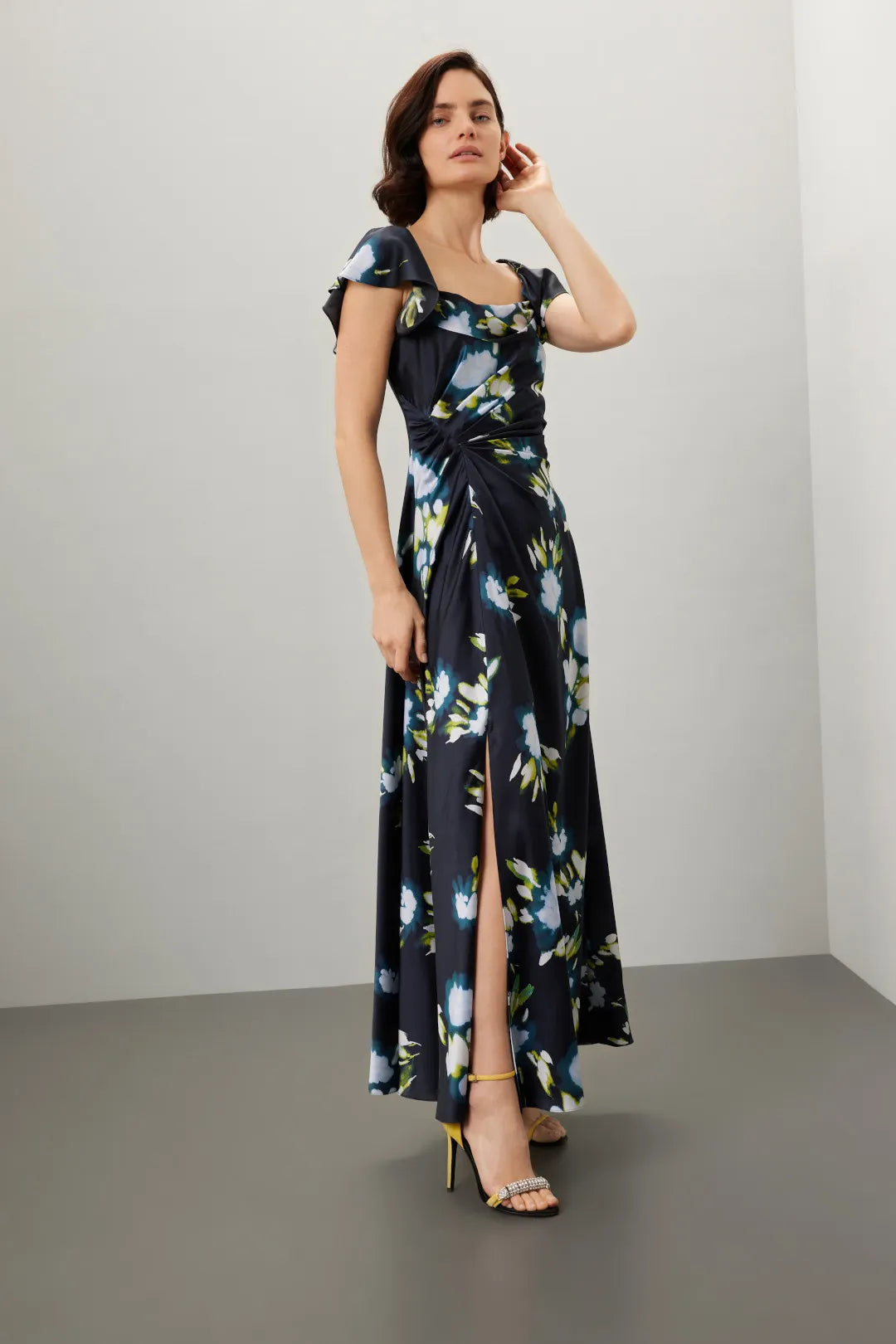 Elegant Floral Print ALine Cowl Neck Ruffle Sleeve Low Back Maxi Prom Dress
