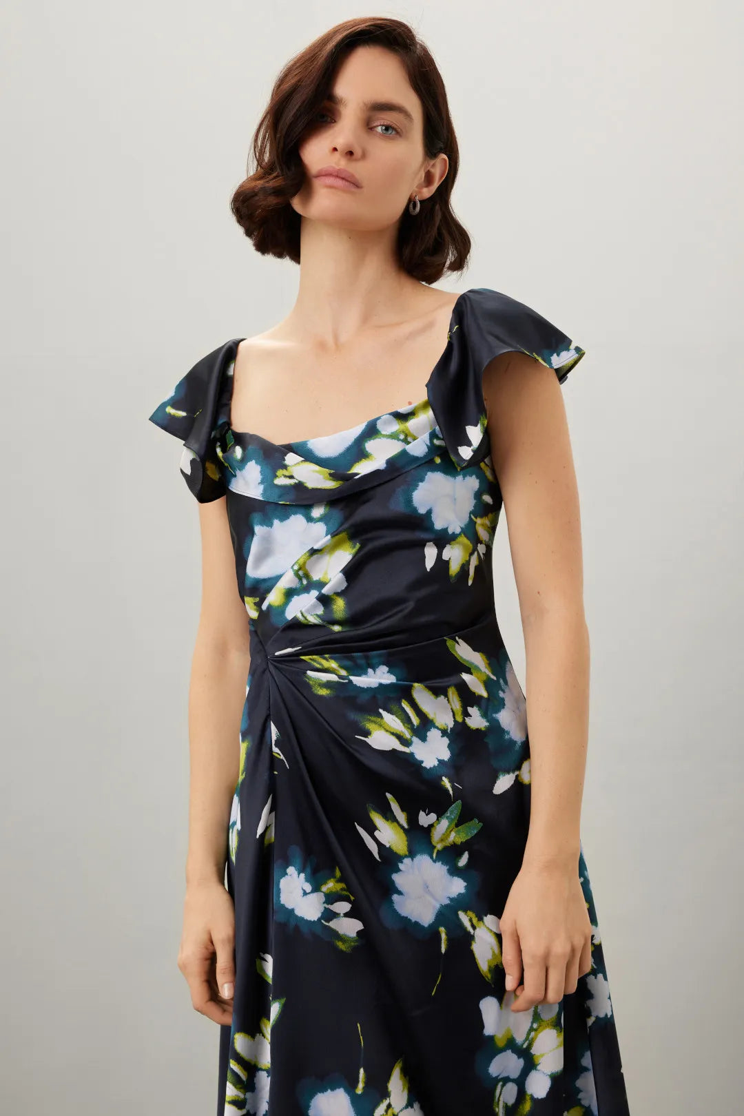 Elegant Floral Print ALine Cowl Neck Ruffle Sleeve Low Back Maxi Prom Dress