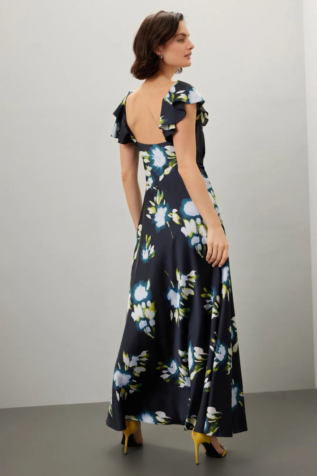 Elegant Floral Print ALine Cowl Neck Ruffle Sleeve Low Back Maxi Prom Dress
