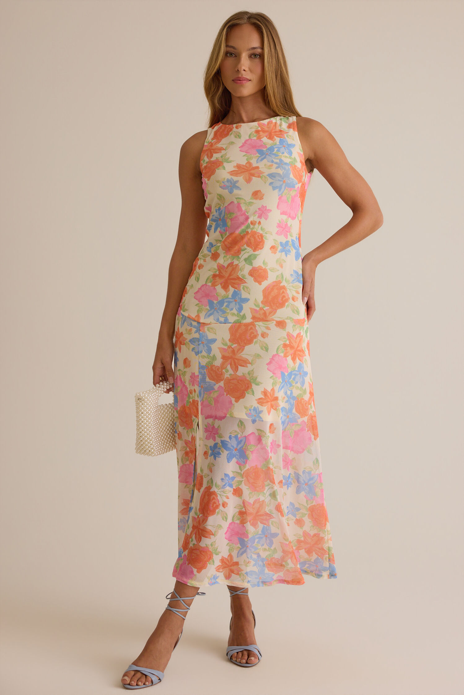 Elegant Floral Print Boat-Neck Halter Tie-Back Midi Prom Dresses