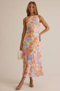 Ivory Floral Print Chiffon A-Line Ankle-Length Dress with Boat Neck